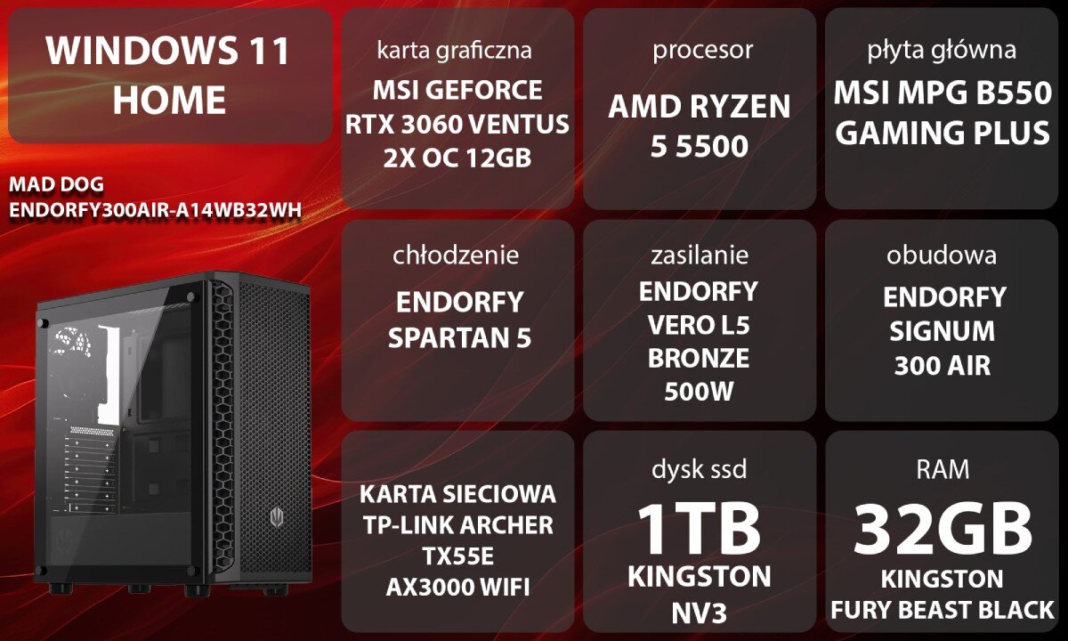 Komputer MAD DOG ENDORFY300AIR-A14WB32WH Grafika przedstawiająca specyfikację komputera, z podziałem na podzespoły. W lewej części znajduje się model komputera, a obok niego informacje o podzespołach, opis