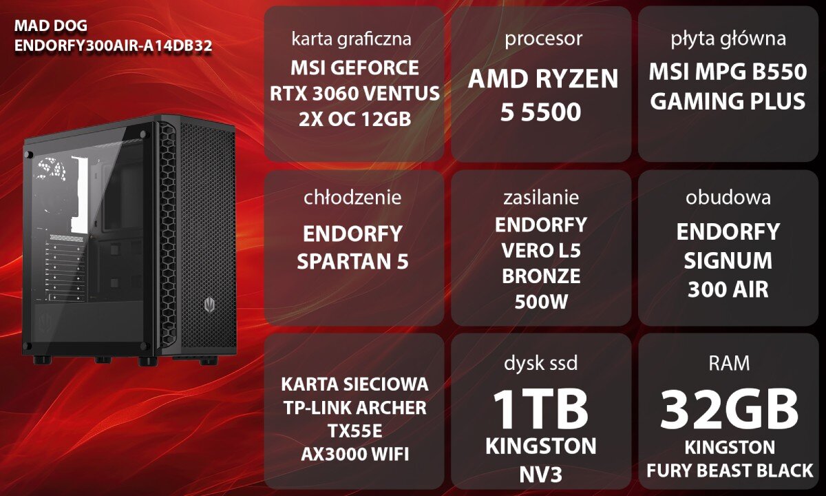 Komputer MAD DOG ENDORFY300AIR-A14DB32 Grafika przedstawiająca specyfikację komputera, z podziałem na podzespoły. W lewej części znajduje się model komputera, a obok niego informacje o podzespołach, opis