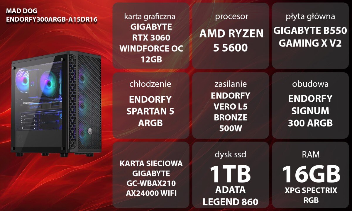 Komputer MAD DOG ENDORFY300ARGB-A15DR16 Grafika przedstawiająca specyfikację komputera, z podziałem na podzespoły. W lewej części znajduje się model komputera, a obok niego informacje o podzespołach, opis