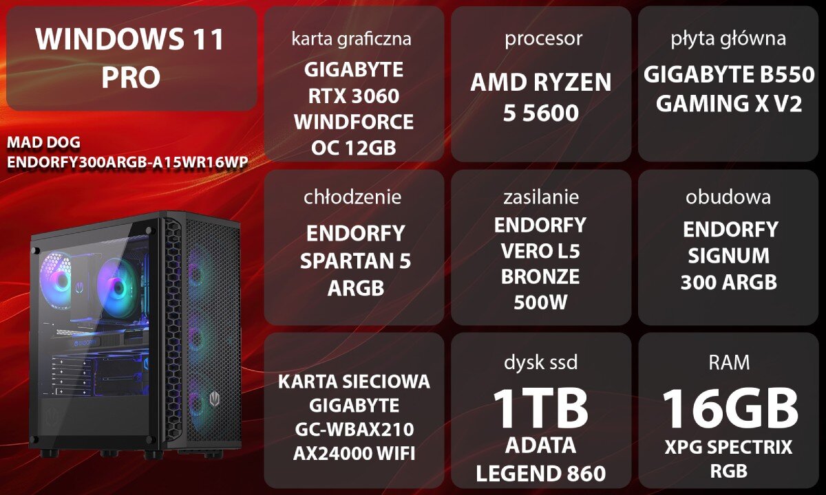 Komputer MAD DOG ENDORFY300ARGB-A15WR16WP Grafika przedstawiająca specyfikację komputera, z podziałem na podzespoły. W lewej części znajduje się model komputera, a obok niego informacje o podzespołach, opis
