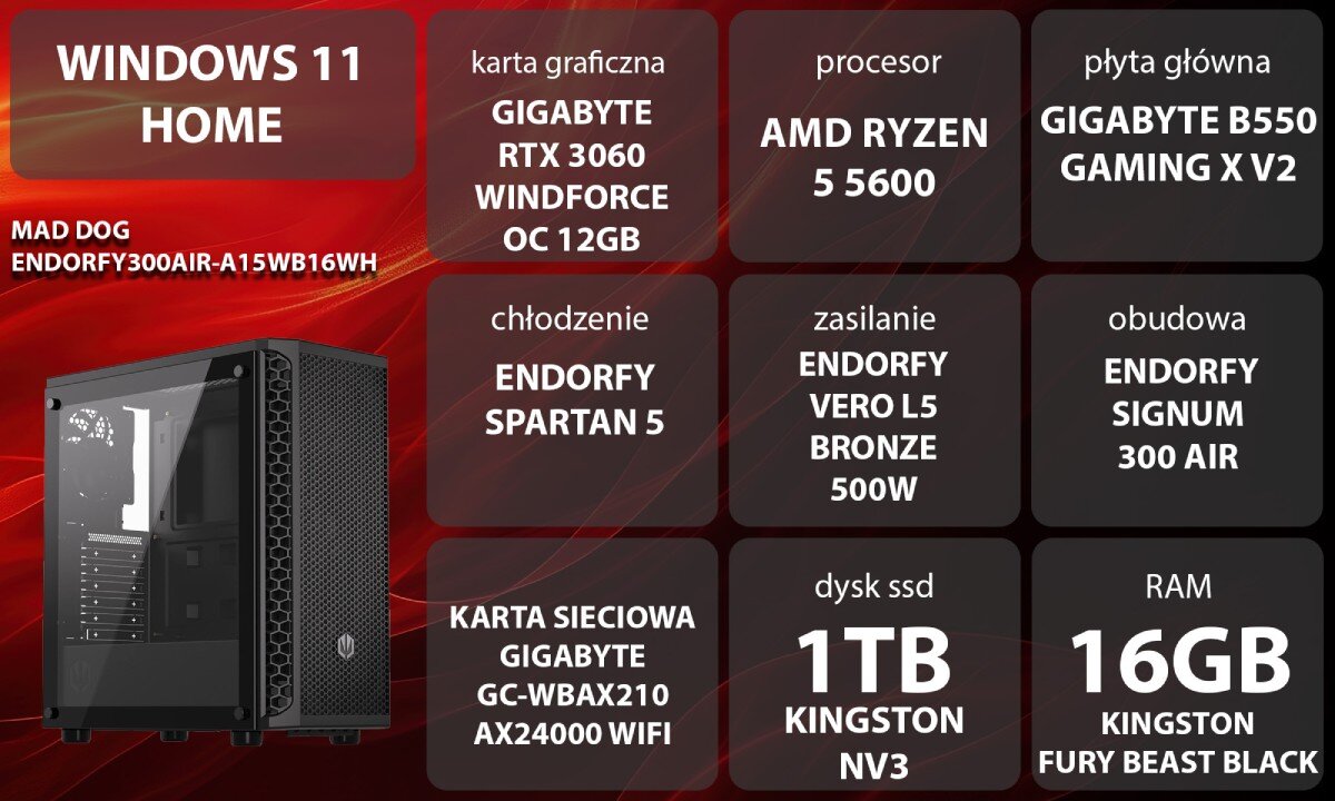 Komputer MAD DOG ENDORFY300AIR-A15WB16WH Grafika przedstawiająca specyfikację komputera, z podziałem na podzespoły. W lewej części znajduje się model komputera, a obok niego informacje o podzespołach, opis