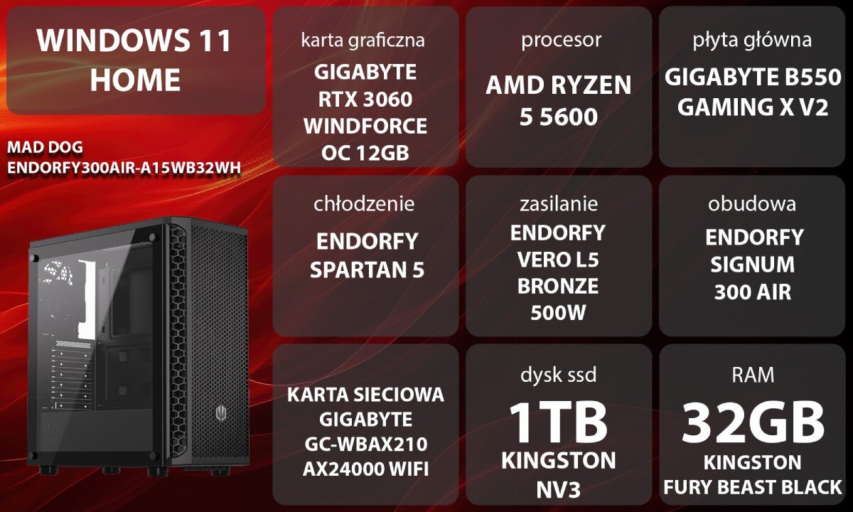 Komputer MAD DOG ENDORFY300AIR-A15WB32WH Grafika przedstawiająca specyfikację komputera, z podziałem na podzespoły. W lewej części znajduje się model komputera, a obok niego informacje o podzespołach, opis