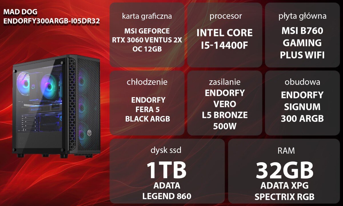 Komputer MAD DOG ENDORFY300ARGB-I05DR32 Grafika przedstawiająca specyfikację komputera, z podziałem na podzespoły. W lewej części znajduje się model komputera, a obok niego informacje o podzespołach, opis