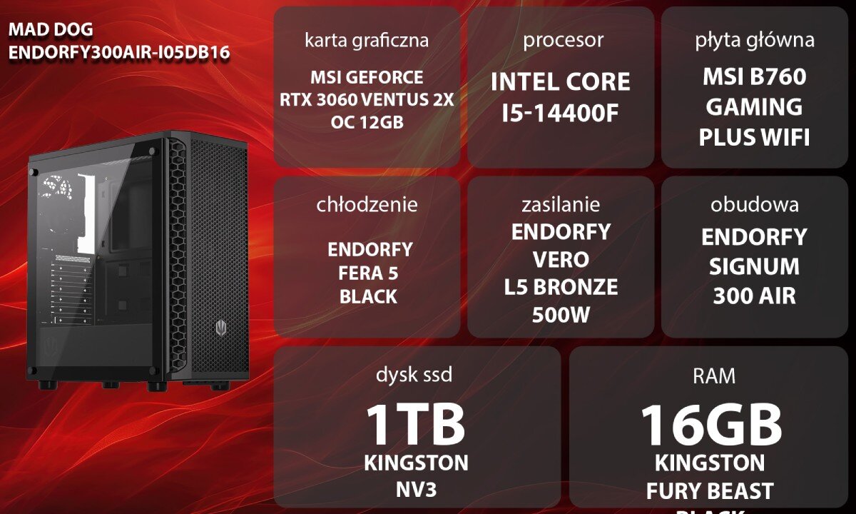 Komputer MAD DOG ENDORFY300AIR-I05DB16 Grafika przedstawiająca specyfikację komputera, z podziałem na podzespoły. W lewej części znajduje się model komputera, a obok niego informacje o podzespołach, opis