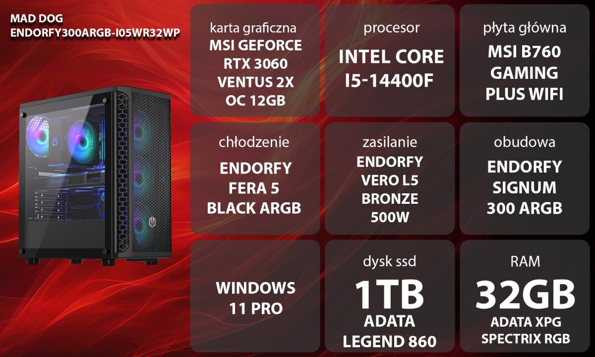 Komputer MAD DOG ENDORFY300ARGB-I05WR32WP Grafika przedstawiająca specyfikację komputera, z podziałem na podzespoły. W lewej części znajduje się model komputera, a obok niego informacje o podzespołach, opis