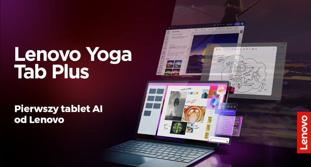 Obraz przedstawia tablet z otwartymi aplikacjami, a obok widnieje tekst: \'Lenovo Yoga Tab Plus Pierwszy tablet AI od Lenovo\'. W prawym dolnym rogu znajduje się logo Lenovo.