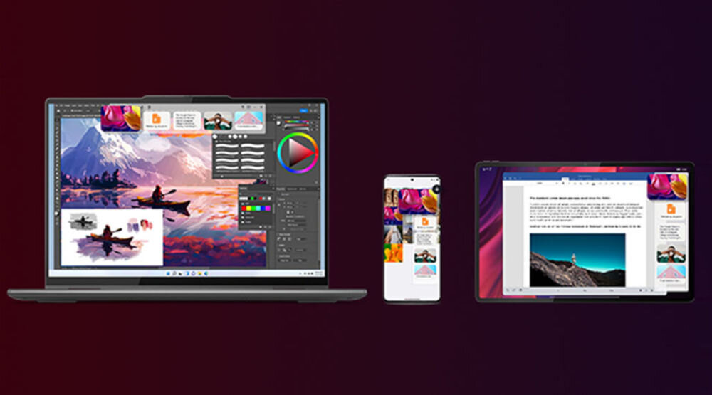 Obraz przedstawia laptop, smartfon i tablet z wyświetlonymi różnymi aplikacjami graficznymi i tekstowymi. Urządzenia są ustawione na ciemnym tle.