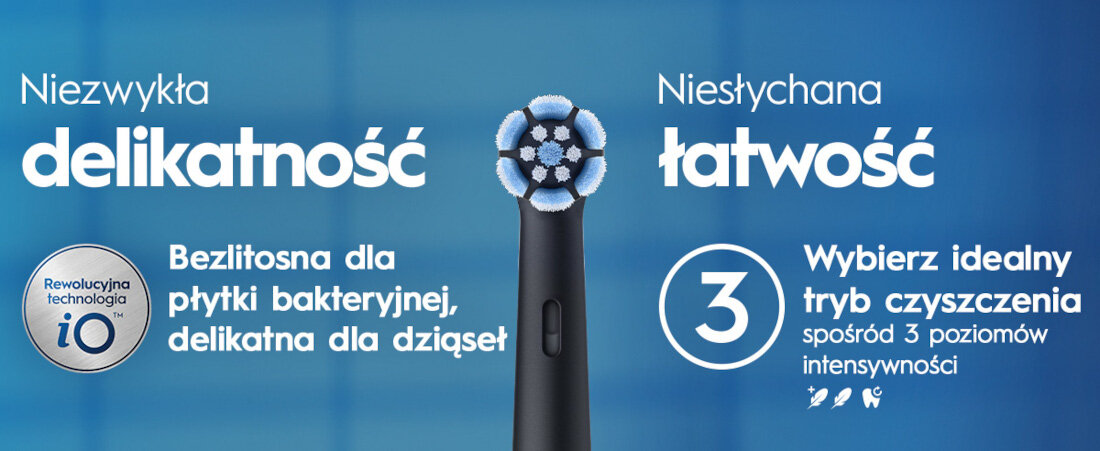 Obraz przedstawia czarną szczoteczkę magnetyczną z okrągłą główką. Tekst na obrazie: \'Niezwykła delikatność\', \'Niesłychana łatwość\', \'Bezlitosna dla płytki bakteryjnej, delikatna dla dziąseł\', \'Wybierz idealny tryb czyszczenia spośród 3 poziomów intensywności\'.