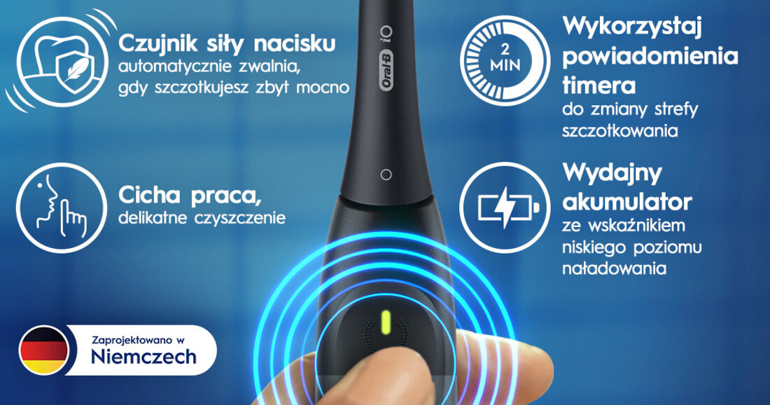 Obraz przedstawia czarną szczoteczkę magnetyczną z logo Oral-B, otoczoną ikonami i tekstem opisującym jej funkcje. Widoczne napisy to: \'Czujnik siły nacisku automatycznie zwalnia, gdy szczotkujesz zbyt mocno\', \'Cicha praca, delikatne czyszczenie\', \'Wykorzystaj powiadomienia timera do zmiany strefy szczotkowania\', \'Wydajny akumulator ze wskaźnikiem niskiego poziomu naładowania\', oraz \'Zaprojektowano w Niemczech\'.
