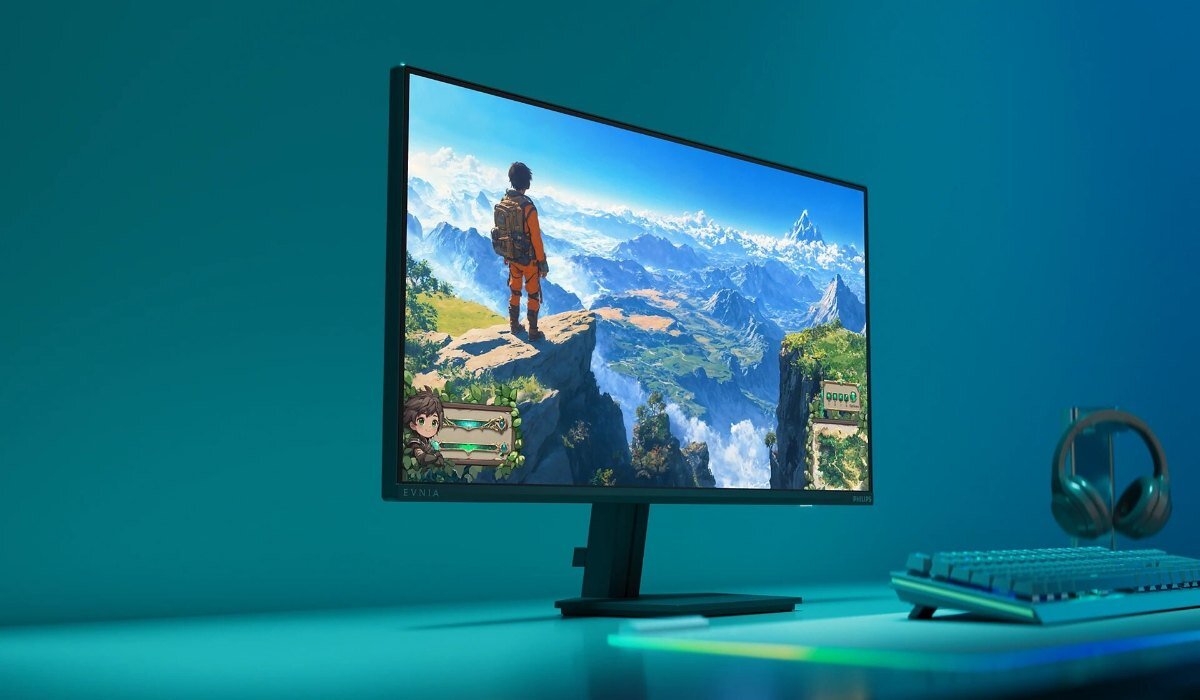 Monitor PHILIPS 27M2N3200NF na tle niebieskiego pomieszczenia z zestawem gamingowym.