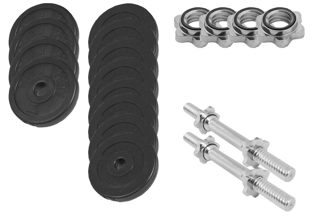 Zestaw hantli GORILLA SPORTS 2754 2 x 15 kg zestaw 2 gryfy 4 obciazenia po 1,25 kg 8 obciazen po 2,5 kg 4 zabezpieczenia gwiazdkowe dokumentacja