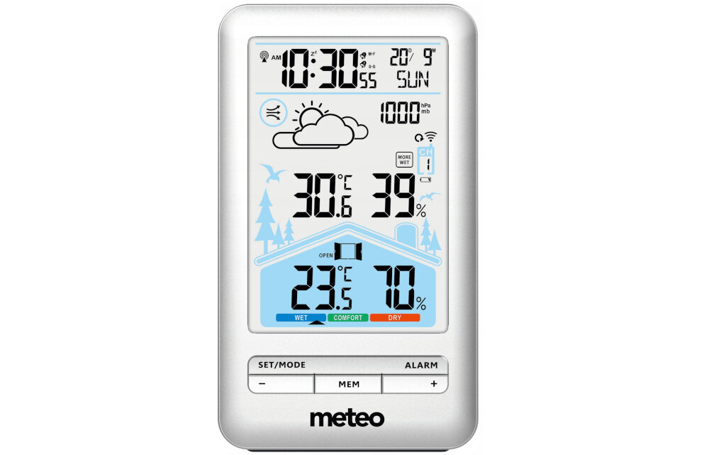 Stacja pogody z wyświetlaczem pokazującym godzinę 10:30, temperaturę 30.6°C i wilgotność 39%. Na dole widoczny jest napis \'meteo\'.