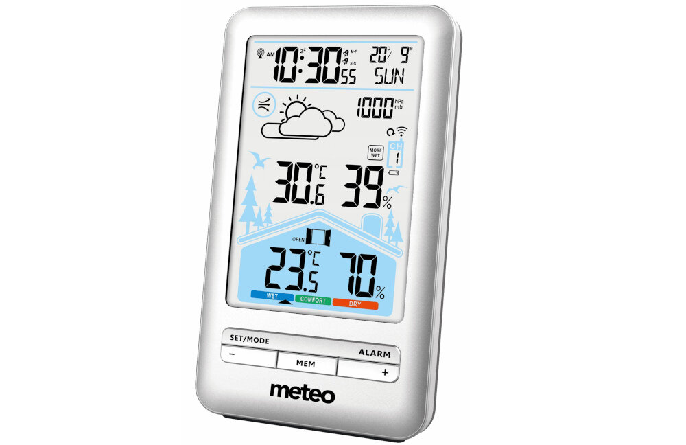 Stacja pogody z wyświetlaczem pokazującym godzinę 10:30, temperaturę 30.6°C i wilgotność 39%. Na dole widoczny jest napis \'meteo\'.