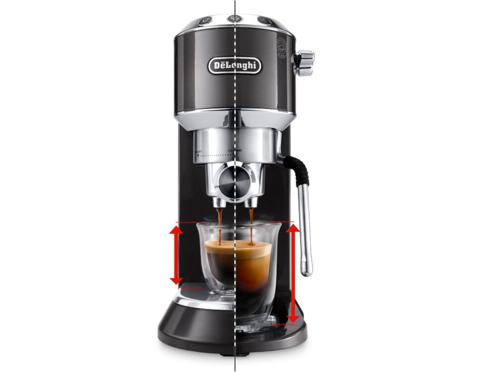 Ekspres DELONGHI Dedica EC885.GY pojemność 1,1 l regulowana wysokosc tacka ociekowa podgrzewanie filizanek