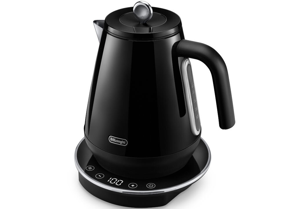 Czajnik DELONGHI KBY2011.BK czarny czajnik stoi bokiem srebrne elementy wyświetlacz przyciski białe tło ze stali nierdzewnej praktyczność komfort codziennego użytkowania precyzyjna regulacja temperatury wygodne sterowanie Solidna konstrukcja funkcjonalne rozwiązania technologiczne praktyczny trwały wybór efektywność wygoda  