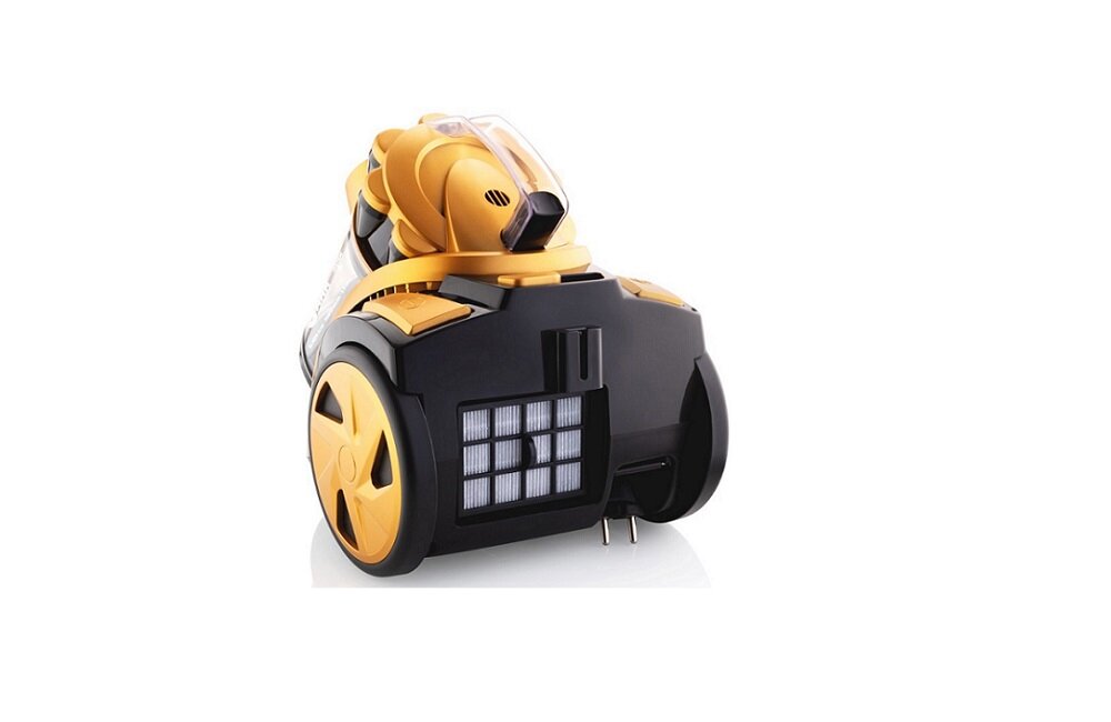 Odkurzacz w kolorze żółto-czarnym z dużymi kołami i widocznym filtrem z tyłu. Obudowa ma nowoczesny design z przezroczystym elementem na górze.