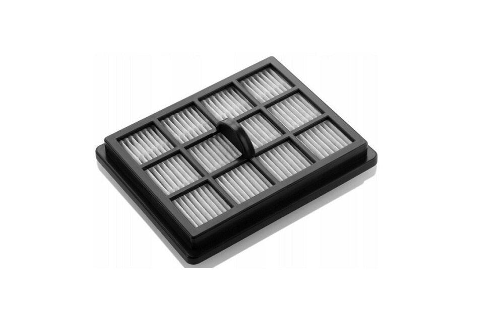 Na obrazie widoczny jest prostokątny filtr HEPA z czarną ramką i białymi plisowanymi elementami wewnątrz. Filtr posiada uchwyt na górze, ułatwiający jego wyjmowanie.