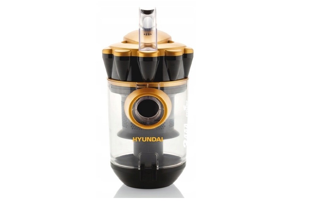 Odkurzacz o cylindrycznym kształcie z przezroczystym pojemnikiem i złoto-czarnymi elementami. Widoczne logo: HYUNDAI.