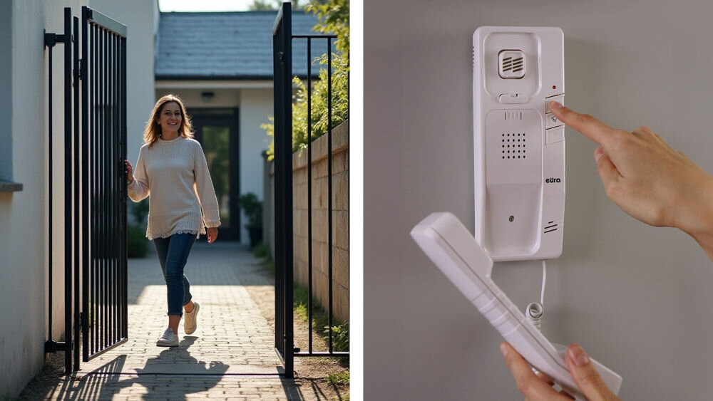 Zestaw domofonowy EURA Remoto ADP-41A3 Biały, obsługa, zdalne sterowanie, Kobieta przy bramie, otwiera bramkę, obok osoba obsługuje domofon ze słuchawką