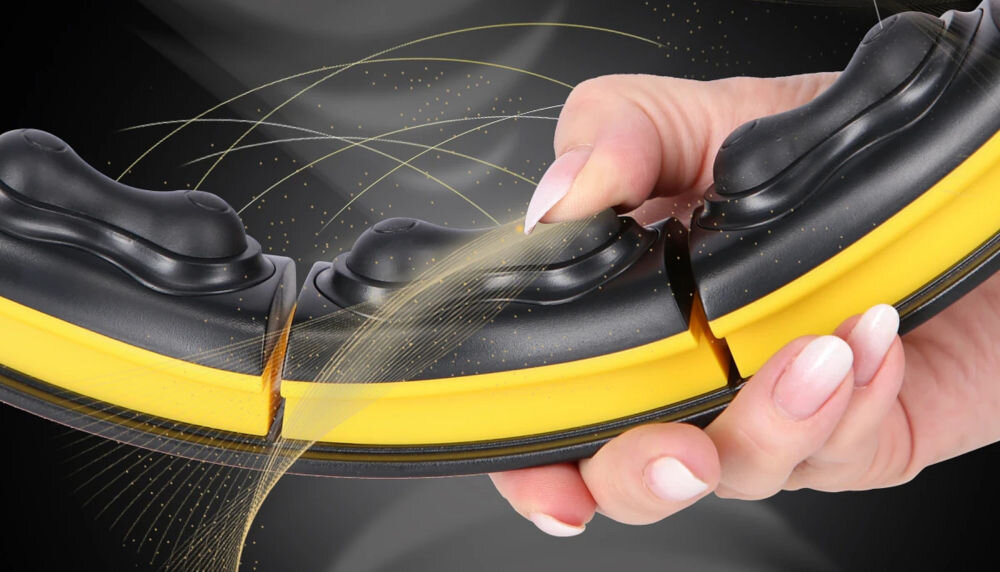 Hula hop HMS HHM21 Czarno-żółty wypustki masujące z termoplastycznego elastomeru TPE miękki elastyczny bezpieczny dla skóry komfort podczas ćwiczeń wspomaganie poprawy krążenia regeneracja mięśni hipoalergiczny materiał dla wrażliwej skóry sprzęt do poprawy kondycji i zdrowia 