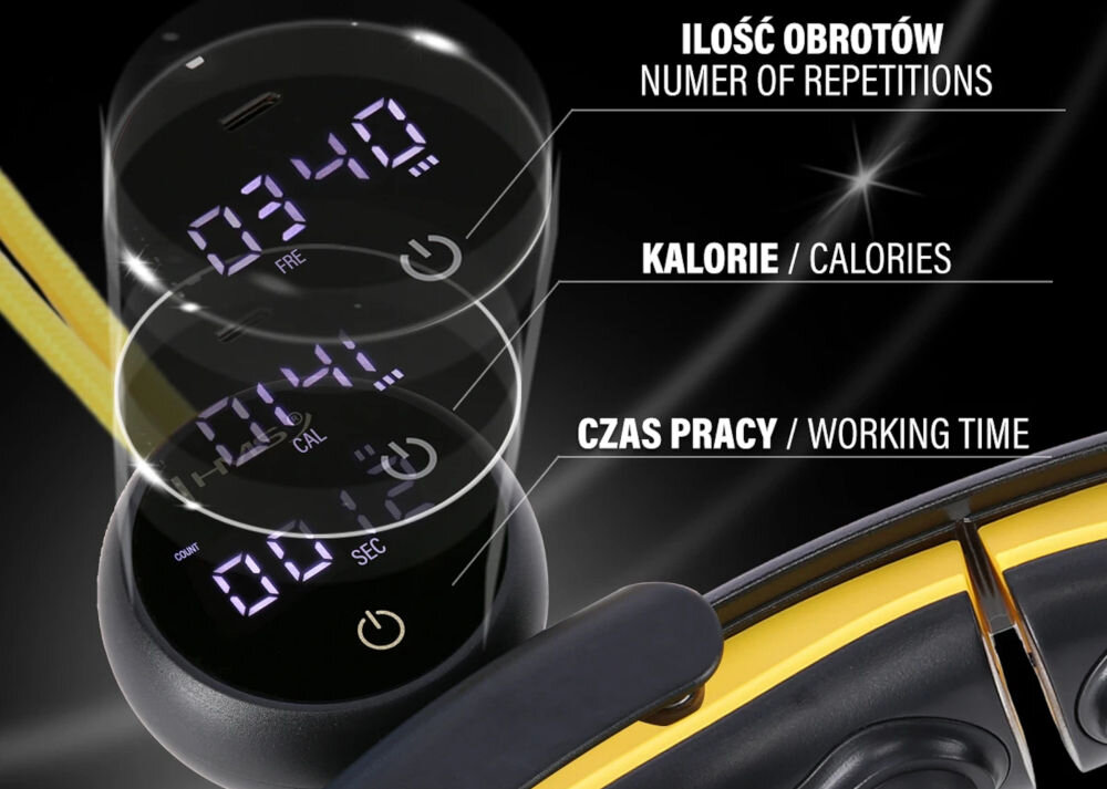 Hula hop HMS HHM21 Czarno-żółty cyfrowy wyświetlacz monitorowanie istotnych danych czas ćwiczeń liczba spalonych kalorii liczba obrotów na bieżąco ocenianie efektywności wysiłku zasilany przez USB-C szybkie ładowanie komfort użytkowania długi czas pracy