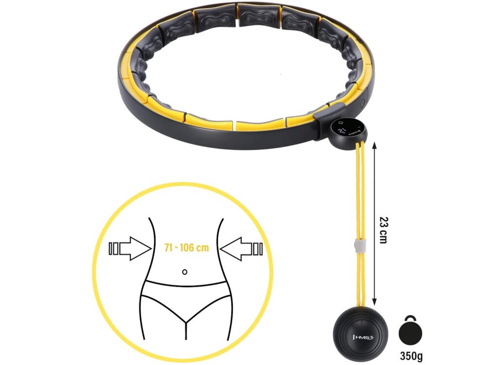 Hula hop HMS HHM21 Czarno-żółty łatwa regulacja obwodu dopasowanie do indywidualnych potrzeb regulacja obwodu wewnętrznego 71-106 cm dostosowanie do kształtu ciała maksymalny komfort wygodny funkcjonalny sprzęt  trening