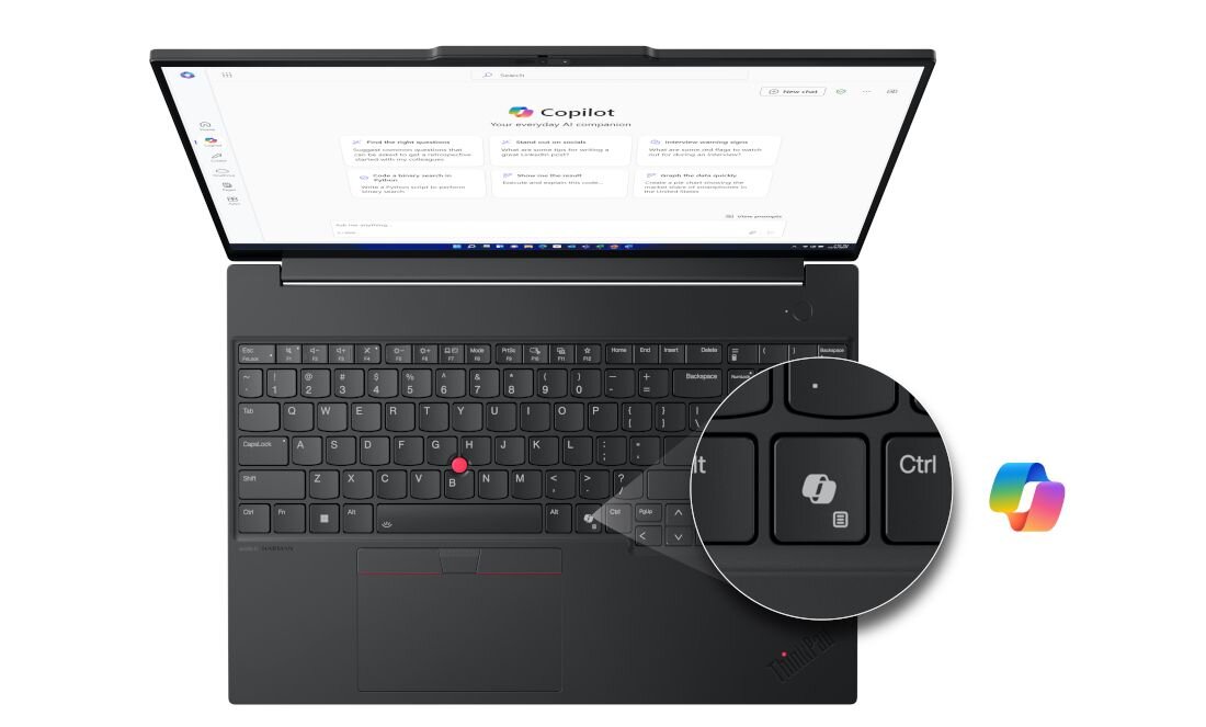 Laptop Lenovo ThinkPad z klawiszem Copilot prezentuje funkcje AI podczas codziennej pracy biurowej i organizacji zadań - Copilot+ PC — asystent AI 