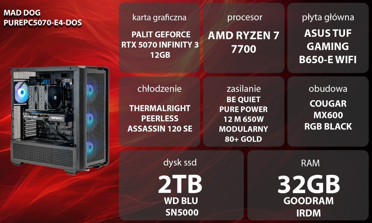 Komputer MAD DOG GeForce RTX5070 PurePC Edition 4 Grafika przedstawiająca specyfikację komputera, z podziałem na podzespoły. W lewej części znajduje się model komputera, a obok niego informacje o podzespołach, opis