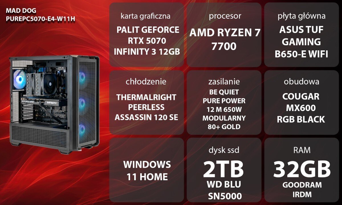 Komputer MAD DOG GeForce RTX5070 PurePC Edition 4 Grafika przedstawiająca specyfikację komputera, z podziałem na podzespoły. W lewej części znajduje się model komputera, a obok niego informacje o podzespołach, opis