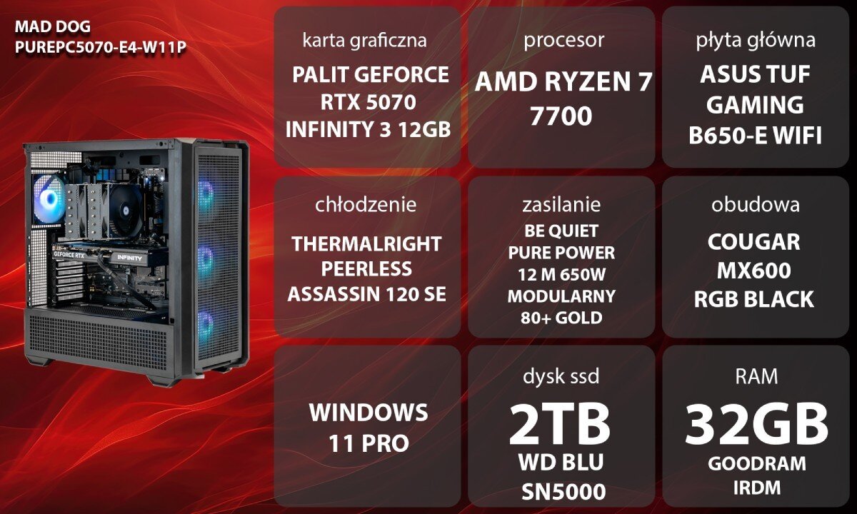 Komputer MAD DOG GeForce RTX5070 PurePC Edition 4 Grafika przedstawiająca specyfikację komputera, z podziałem na podzespoły. W lewej części znajduje się model komputera, a obok niego informacje o podzespołach, opis