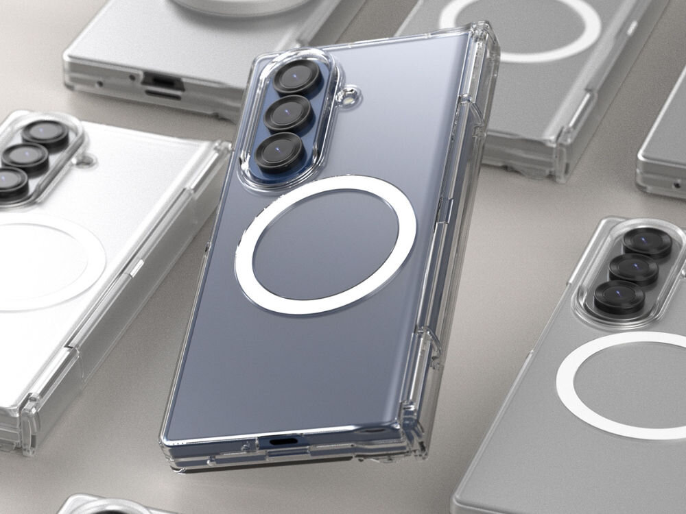 Etui ARAREE Nukin 360 M Magsafe QI2 do Samsung Galaxy Z Fold 7 Przezroczysty prezentacja etui na telefonie w tle inne telefony z etui szare tło przezroczyste pełna ochrona zawiasu