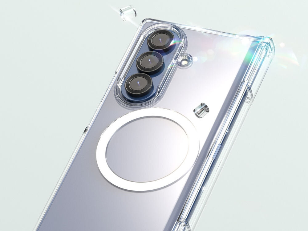 Etui ARAREE Nukin 360 M Magsafe QI2 do Samsung Galaxy Z Fold 7 Przezroczysty prezentacja telefonu z etui szaro-niebeiskie tło ładowanie bezprzewodowe mocne magnesy neodymowe