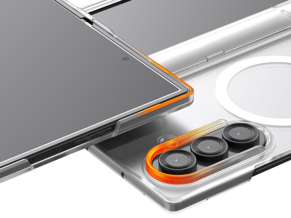 Etui ARAREE Nukin 360 M Magsafe QI2 do Samsung Galaxy Z Fold 7 Przezroczysty pokazanie podwyższonych krawędzi w etui na białym tle przezroczysta obudowa odporna na odbarwienia dopasowanie