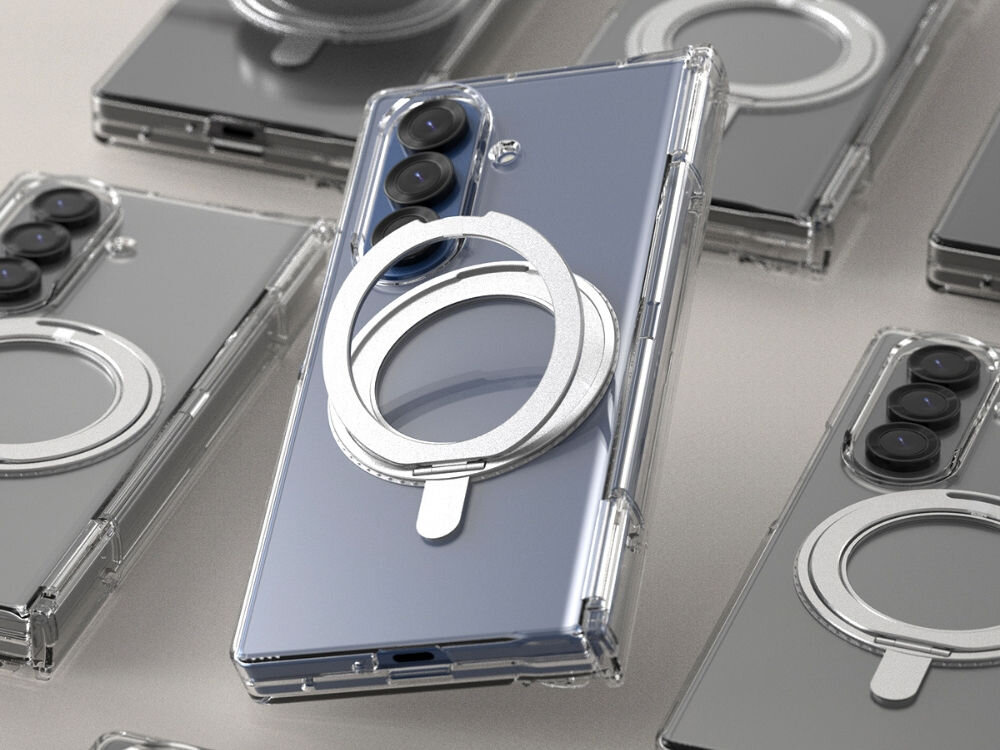 Etui ARAREE NUKIN 360 S Magsafe QI2 do Samsung Galaxy Z Fold 7 Przezroczysty prezentacja etui na telefonie w tle inne telefony z etui szare tło z pierścieniem MagSafe i ochroną zawiasu