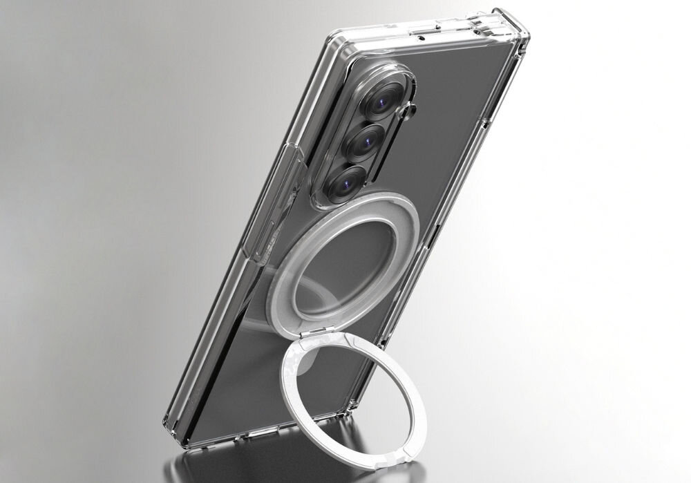 Etui ARAREE NUKIN 360 S Magsafe QI2 do Samsung Galaxy Z Fold 7 Przezroczysty prezentacja telefonu w etui na szarym tle postawionego na pierścieniu pionowo trwałe przezroczyste z pełną ochroną zawiasu i boków