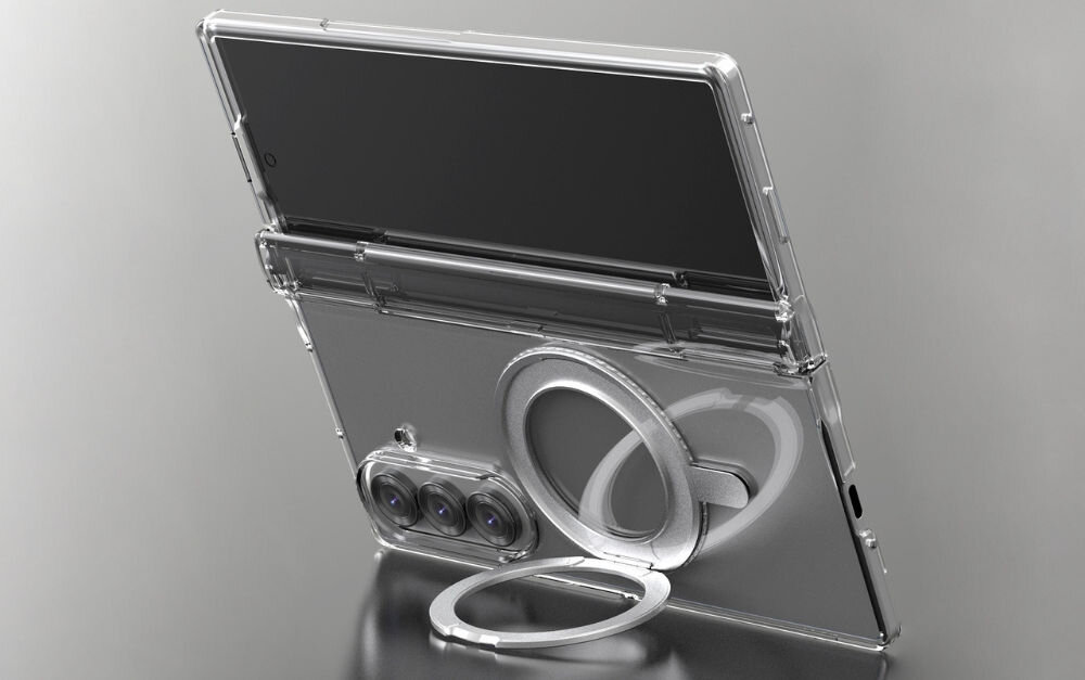 Etui ARAREE NUKIN 360 S Magsafe QI2 do Samsung Galaxy Z Fold 7 Przezroczysty prezentacja telefonu w etui na szarym tle postawionego na pierścieniu poziomo z MagSafe do ładowania indukcyjnego i kompatybilności z akcesoriami