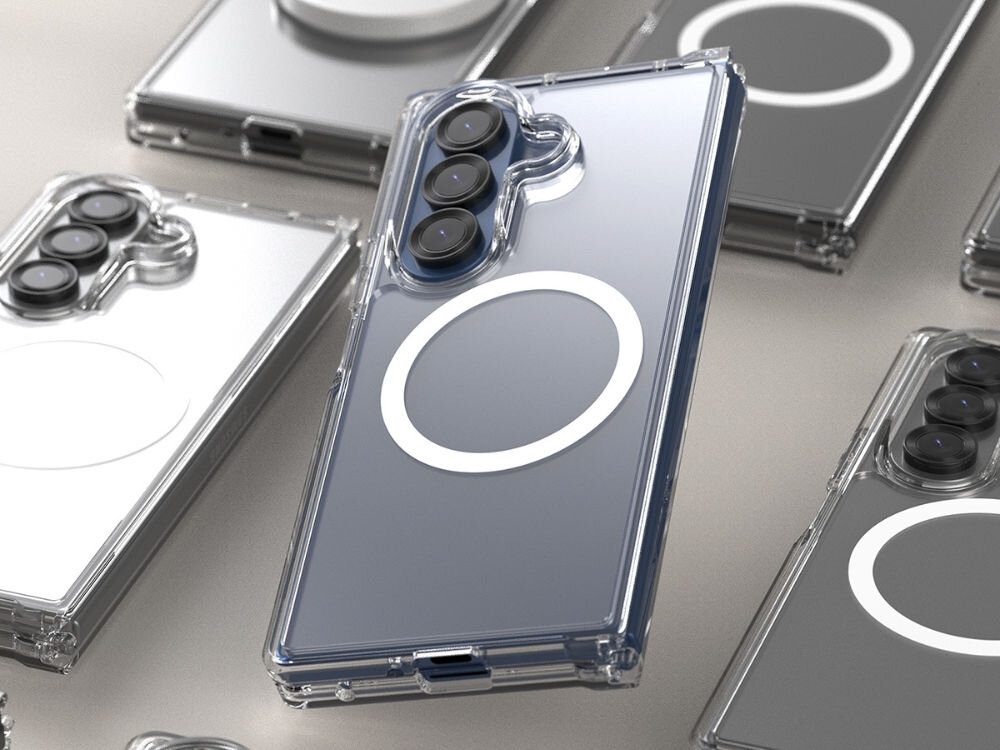 Etui ARAREE Duple M MagSafe Qi2 do Samsung Galaxy Z Fold 7 Przezroczysty prezentacja etui założonego na telefonie w tle inne telefony z założonym etui szare tło przezroczyste TPU i PC z pierścieniem magnetycznym