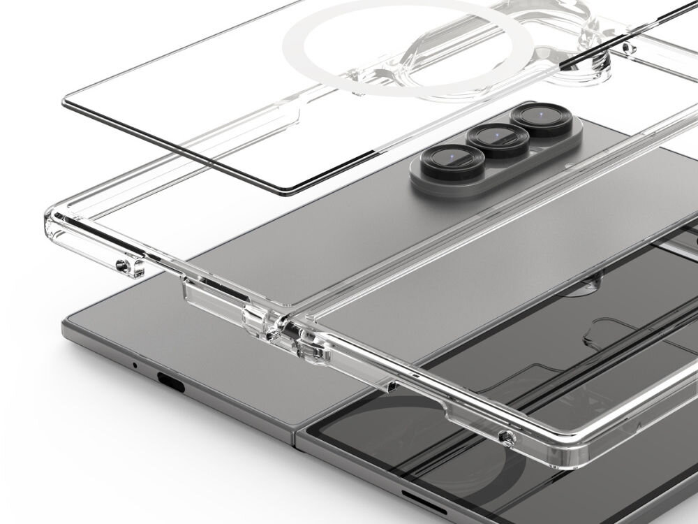 Etui ARAREE Duple M MagSafe Qi2 do Samsung Galaxy Z Fold 7 Przezroczysty prezentacja telefonu od przodu i tyłu i nad nim etui białe tło przezroczyste odporne na żółknięcie TPU i PC