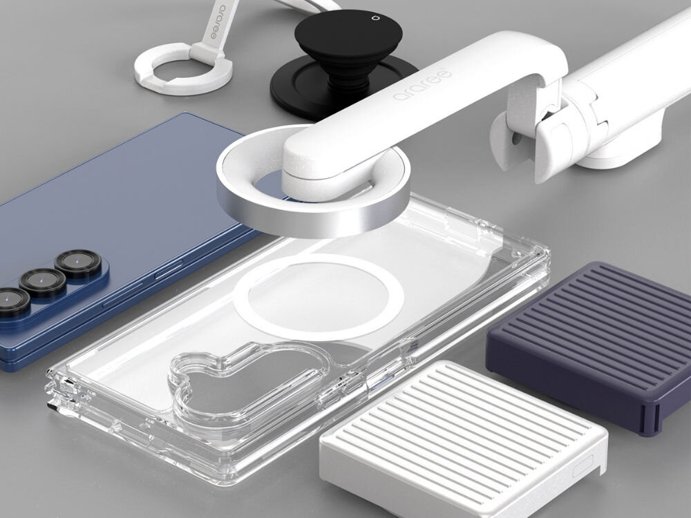 Etui ARAREE Duple M MagSafe Qi2 do Samsung Galaxy Z Fold 7 Przezroczysty prezentacja etui obok telefonu a nad nimi uchwyty magnetyczne szare tło z magnesami neodymowymi bezpieczne ładowanie indukcyjne