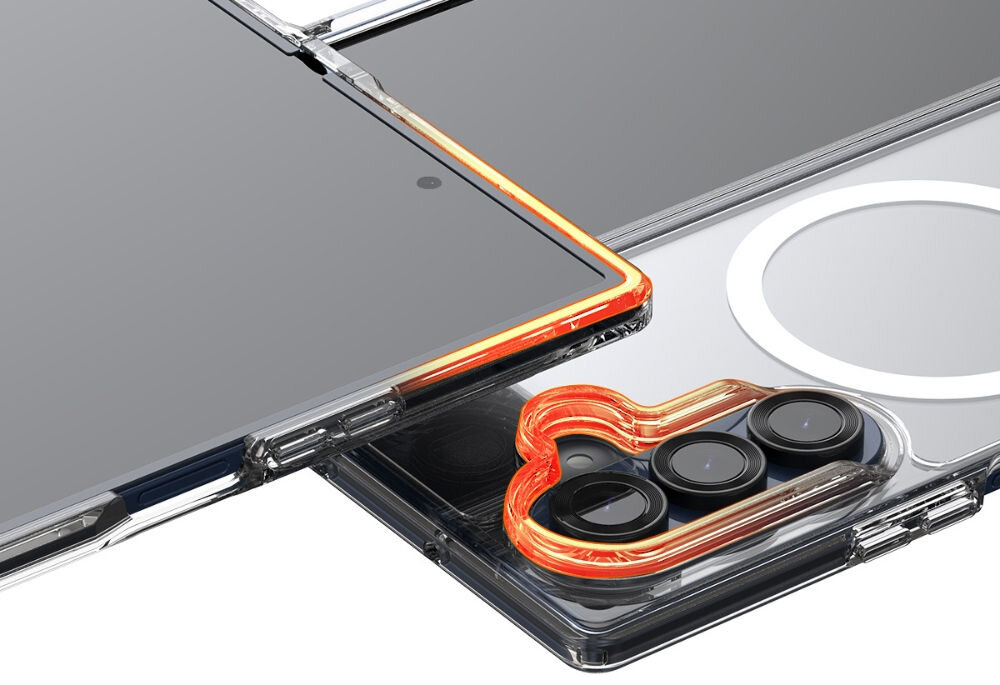 Etui ARAREE Duple M MagSafe Qi2 do Samsung Galaxy Z Fold 7 Przezroczysty pokazanie podwyższonych krawędzi w etui na białym tle odporne na upadki podwyższone krawędzie kompatybilność z akcesoriami Araree