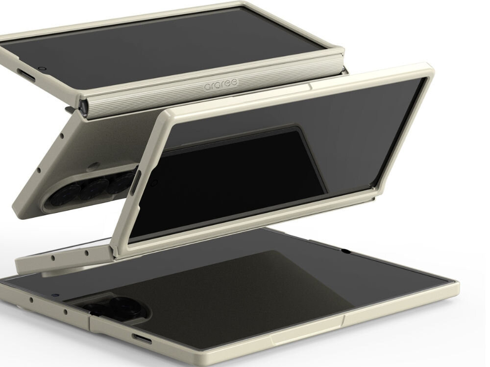 Etui ARAREE Aero Flex do Samsung Galaxy Z Fold 7 Granatowy prezentacja etui założonego na telefon i pokazania jego dopasowania w różnej konfiguracji ekranu białe tło składane lekkie odporne amortyzujące z TPU i PC