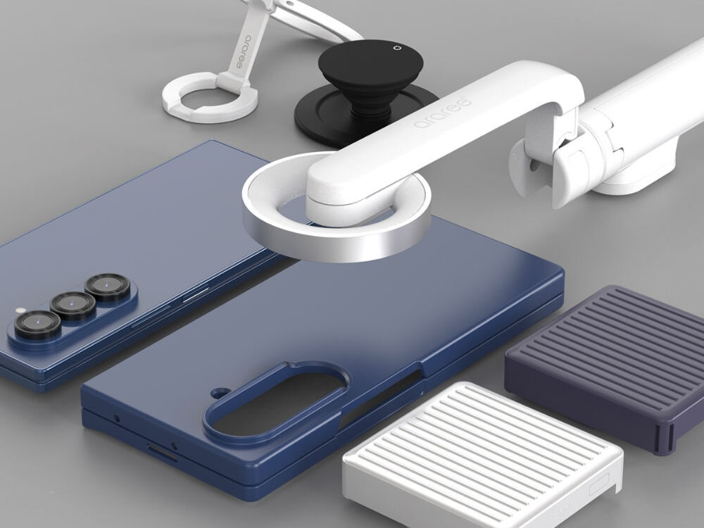 Etui ARAREE Aero Flex M MagSafe do Samsung Galaxy Z Fold 7 Granatowy prezentacja etui z uchwytami wraz z pierścieniami magnetycznymi uchwyt samochodowy szare tło z obsługą MagSafe kompatybilne z ładowarkami i uchwytami