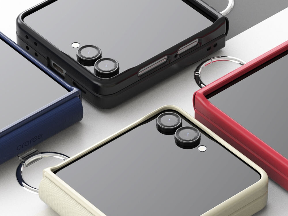 Etui ARAREE Aero Flex R Reast-Grip Ring do Samsung Galaxy Z Flip 7 Czarny prezentacja etui w różnych wariantach kolorystycznych białe tło z pierścieniem ochroną zawiasu i smukłą obudową