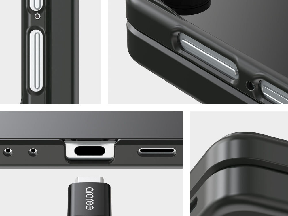 Etui ARAREE Aero Flex R Reast-Grip Ring do Samsung Galaxy Z Flip 7 Czarny prezentacja otworów na proty i przyciski oraz boków etui na jasnym tle smukłe z wycięciami i ochroną zawiasu