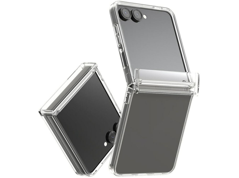 Etui ARAREE Duple 360 do Samsung Galaxy Z Flip 7 Przezroczysty prezentacja etui na telefonie rozłożonym i złożonym na białym tle przezroczyste z materiałem TPU i PC trwałe i odporne
