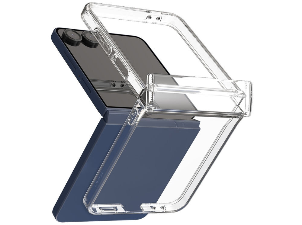 Etui ARAREE Duple 360 do Samsung Galaxy Z Flip 7 Przezroczysty prezentacja nakładania etui na telefon białe tło funkcjonalne składane wygodne w użyciu i odporne na uszkodzenia