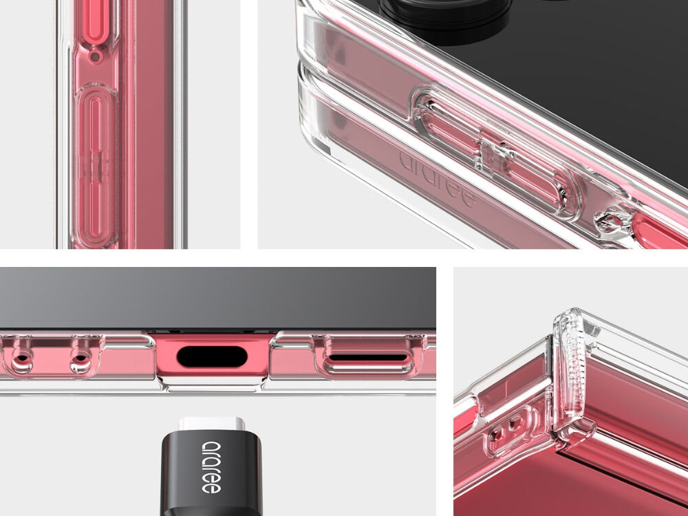 Etui ARAREE Duple 360 do Samsung Galaxy Z Flip 7 Przezroczysty prezentacja otworów na przyciski i porty białe tło otwory ładowanie telefonu korzystanie z portów wygoda codziennego użytku