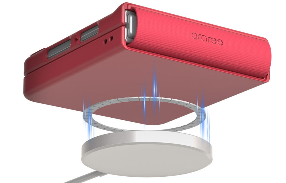 Etui ARAREE Aero Flex M MagSafe do Samsung Galaxy Z Flip 7 Różowy prezentacja działania MagSafe w etui z ładowarką bezprzewodową na białym tle kompatybilność z MagSafe i bezprzewodowym ładowaniem Galaxy Z Flip7