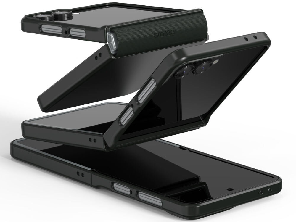 Etui ARAREE Aero Flex M MagSafe Galaxy Z Flip7 prezentacja etui założonego na telefon i pokazania jego dopasowania w różnej konfiguracji ekranu białe tło lekkie smukłe z ochroną zawiasu