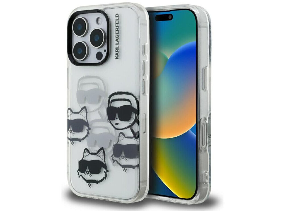 Karl Lagerfeld IML Multi K&C Head Pattern nadruk Karl Lagerfeld i Choupette różowe etui iPhone 16 Pro 6.3 cala